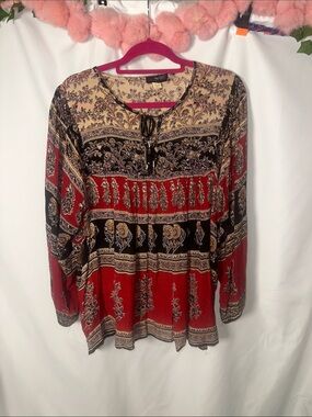 Gypsy Rose Boho Printed Peasant Blouse - Red & Black